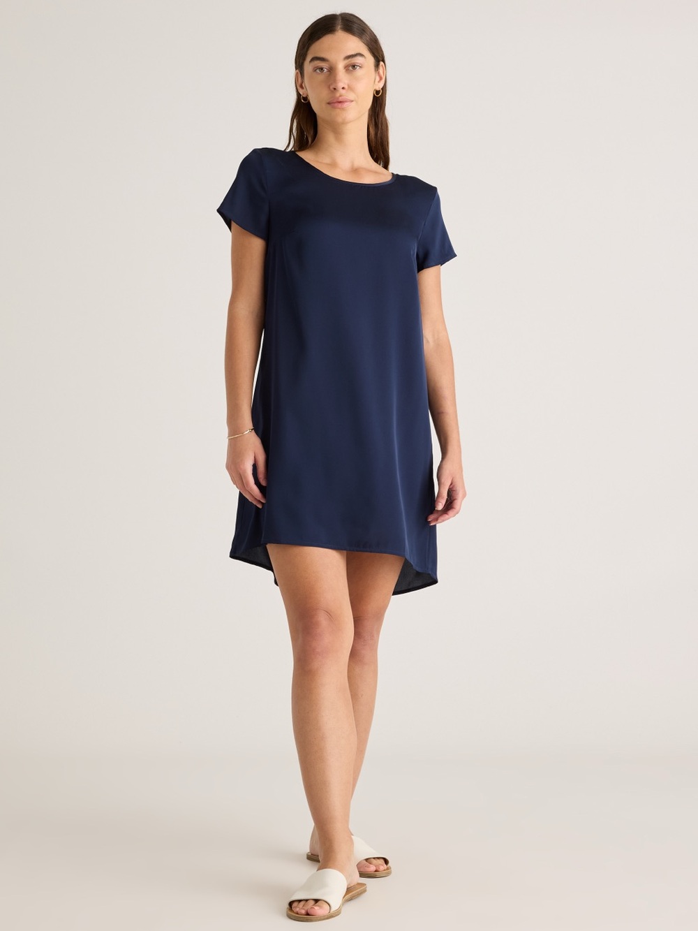 Quince Women’s ⁠Washable Stretch Silk Navy Short Sleeve High-Low Shift Dress S